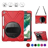 BRAECN iPad 9.7 Inch Case with Pencil Holder, [Rotating Kickstand/Handle Hand Strap] [Carrying Shoulder Strap] Heavy Duty Shockproof Childproof Case for iPad 9.7 Inch A1893 A1954 2018 Model Tablet-Red