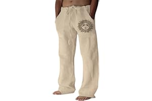 Puimentiua Cotton Linen Pants Men, Summer Beach Pants Loose Fit with Elastic Waist Drawstring