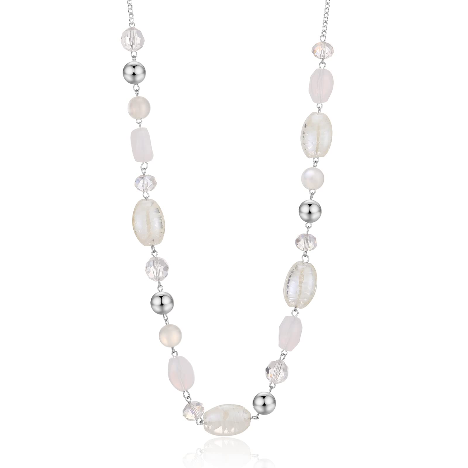 FULU AUTUMN Long Silver Beaded Necklace for Women Chain Necklace with Shell Crystal Pearl Beads Fashion Jewellery Gifts for women(10-White)