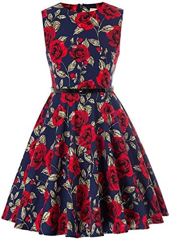 Kate Kasin Girls Sleeveless Round Neck Vintage Retro Cotton Floral Dresses