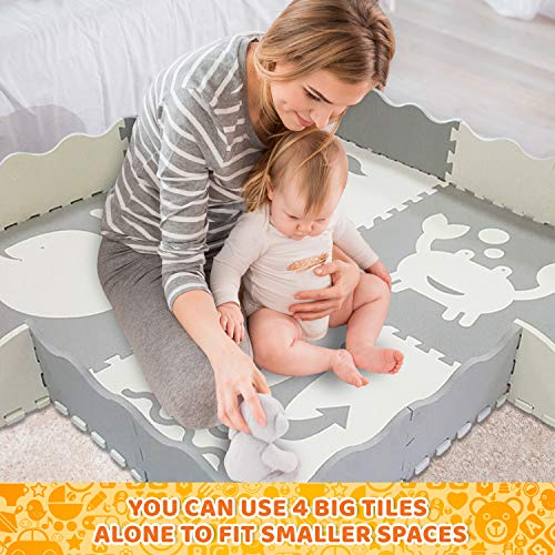 Baby Play Mat with Edges - Extra Large (6ftx6ft) Extra Thick (0.56") Interlocking Foam Tiles with Sea Creatures Patterns | Crawling Mat for Infants | Puzzle Mat for Kids (Grey and White)