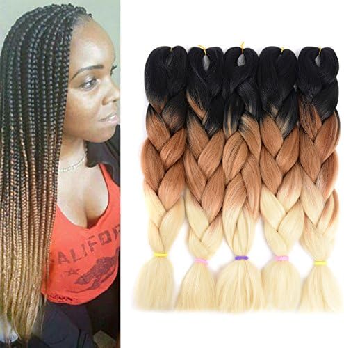 5pcs/Lot Ombre Jumbo Braids Hair Extension High Temperature Kanekalon Fiber for Twist Braiding Hair 24" Synthetic Hair Extension 100g/pc(Black/Brown/Blond)