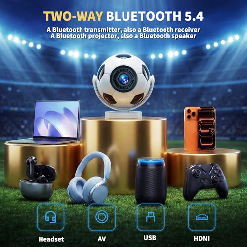 [Built-in Apps & 2026 Football Projector] Mini Projector Support 4K 1280P with WiFi 6 and Bluetooth 5.4, Auto Keystone 360° Rotatable Projector Portable Compatibile with HDMI/TV Stick/USB - White