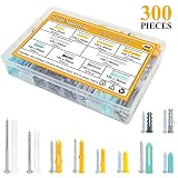 Sutemribor Drywall Anchors and Screws, Plastic Self Drilling Drywall Ribbed Anchors Assortment Kit for Drywall, Hollow-Wall Hanging Wall Shelf or Blinds, 300 Pieces