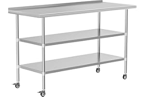 HOCCOT Stainless Steel Prep & Work Table w/2 Adjustable Shelves, Backsplash and Wheels, Kitchen Island, Commercial Workstations, Utility Table in Kitchen Garage Laundry Room Outdoor BBQ, 24" X 60"