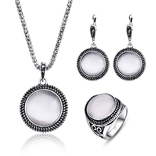 October Birthstone Claire Round Opal Gemstone Pendant Necklace Piercing Earrings Set Fashion Jewelry Prom Accessories - Ring#7