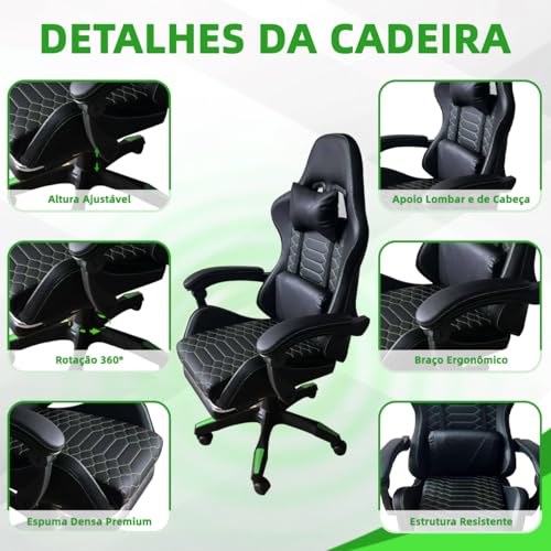 Cadeira Gamer Ergonômica com Conjunto de 5 Rodízios com Travão (Fixação Segura, Mobilidade Controle, Estabilidade) e Apoio Cervical Ajustável (Preto e Verde)