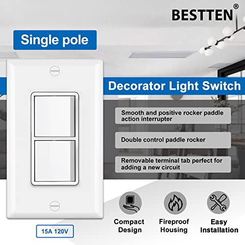 [5 Pack] BESTTEN Double Light Switch, Single Pole, Combination