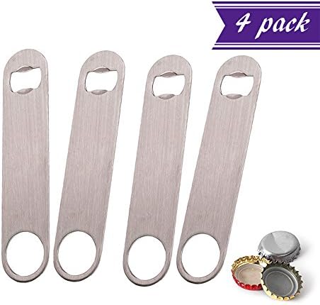 (Set of 4) Flat Bottle Opener, 7-Inch Heavy Duty Stainless Steel Bar Blade, Speed Opener, Commercial Quality Beer Bottle Opener by Tezzorio