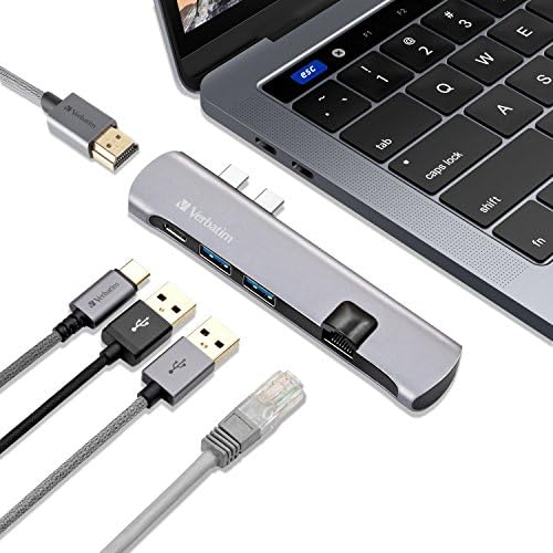 Verbatim Aluminum Dual USB C Hub Adapter with Ethernet - 4K HDMI Video Output, 1Gbps RJ45 LAN Input, USB-C PD, 2 x USB 3.0 Ports for 2016/2017/2018 MacBook Pro. 1-Year Warranty (Space Gray)