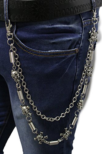 TFJ Men Wallet Silver Metal Chain Keychain Skeleton Skull Charm Pirate Bones