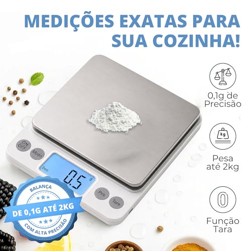 Balança Digital de Precisão para Cozinha 0,1g a 2kg Mini Inox Tara Visor LCD Pilhas Inclusas Confeitaria Café Especial Joias Suplementos Portátil 6 Unidades de Medida