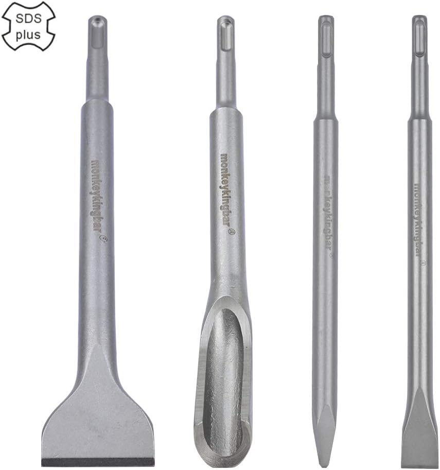 Monkey King Bar- Sds Plus Chisel Hammer Drill Bits -Concrete Chisel Set -Sds Plus Tile Chisel-Rotary Hammer Bits Set-4PCS- Flat Chisel,Grooving (Gouge) Chisel, Point Chisel