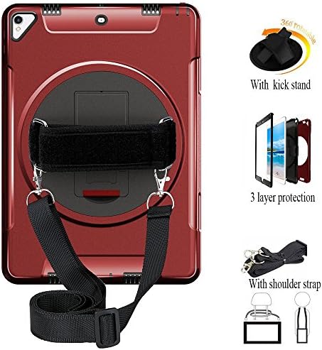 Multifunctional iPad Pro 10.5 inch Case, Heavy Duty Three Layer Rugged Shockproof Protective Case with 360°Swivel Kickstand+Hand Strap+Shoulder Strap for iPad Pro 10.5 inch, Model A1701 A1709 Red