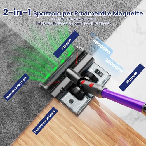 Linkifly A12 Aspirapolvere Senza Fili 50KPa, 600W, 70Min, Aspirapolvere Scopa con Serbatoio Acqua Rimovibile, Display LED Touch, Spazzola Anti-Groviglio, Pieghevole, per Tappeti, Auto e Peli Animali