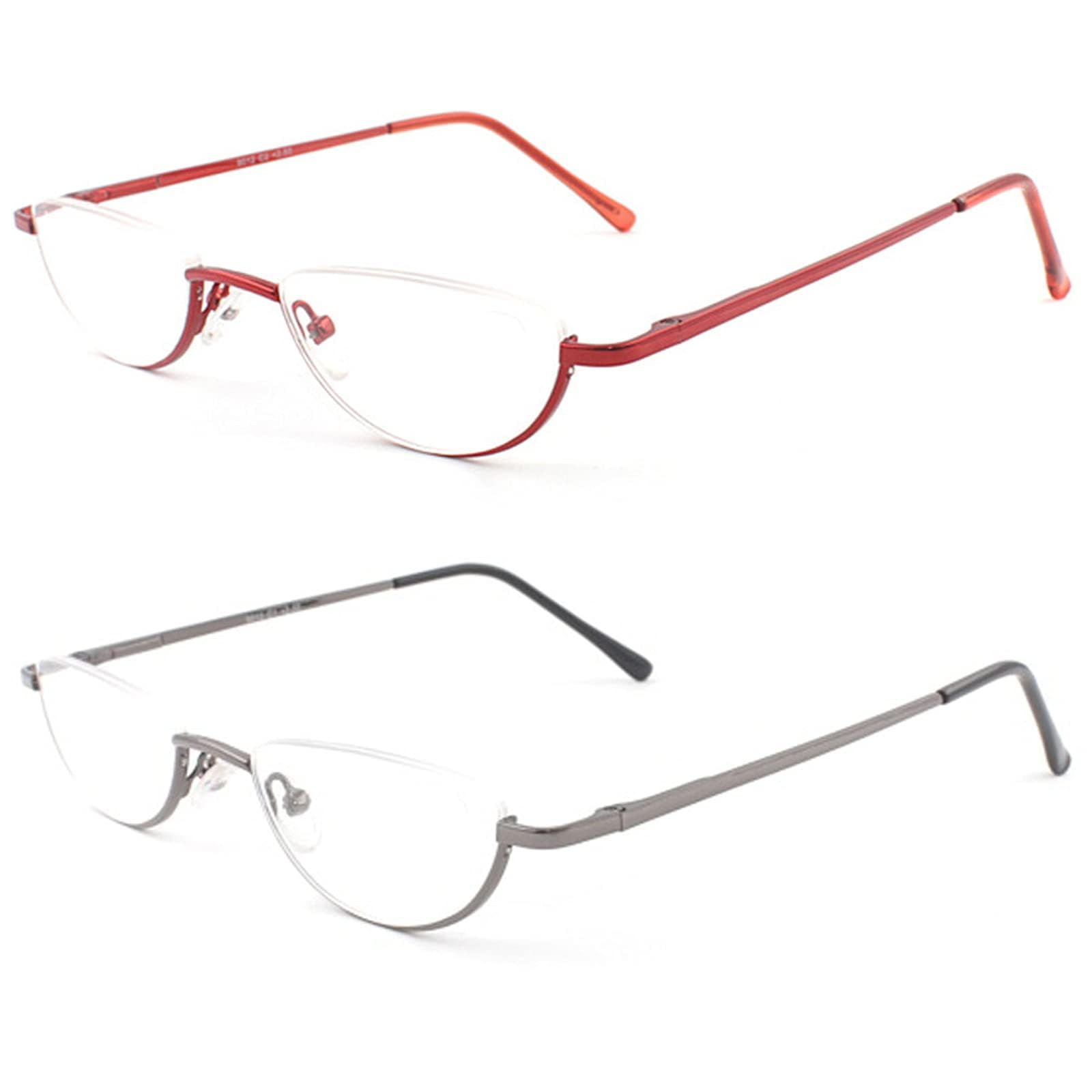 MMOWW 2 Pack Half Moon Reading Glasses for Men Women Slim Metal Half Frame Readers Semi Rimless Eyewear with Spring Hinge (Red+Gray, +2.0)