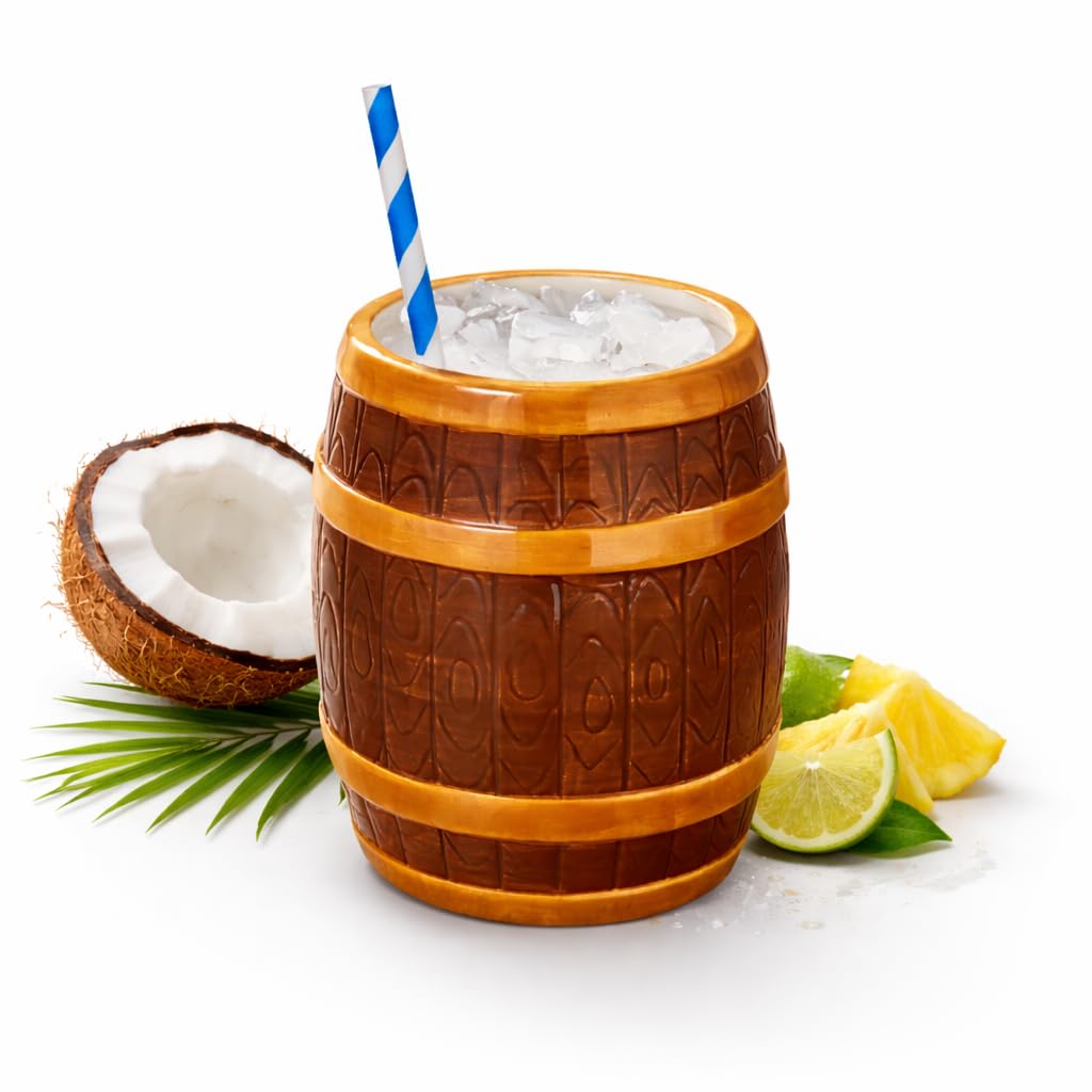 bar@drinkstuff Ceramic Rum Barrel Tiki Mug 22.3oz (635ml) – Pirate-Style Barrel Cocktail Mug for Tropical Drinks & Parties