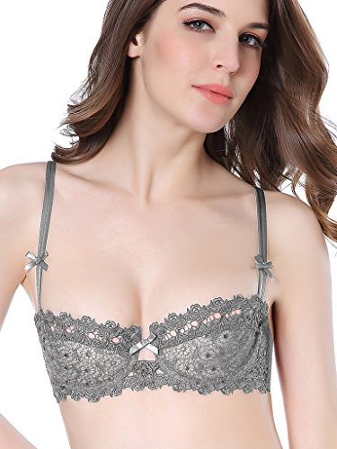 Intimate Portal Women Lumiere Lace Unlined Balcony Bra Panties Set Gray 32C