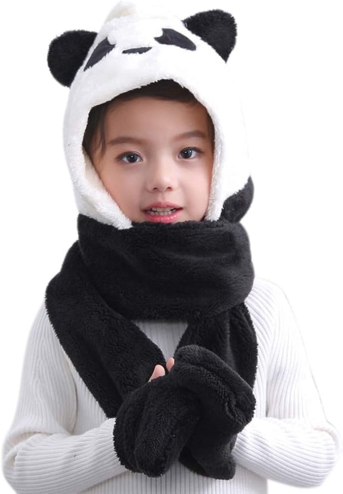 Kids 2 In 1 Hat Scarf Set Winter Plush Panda Full Hood Hats Crossbody Bag Warm Earflap Long Scarf Animal Hoodie Hat Shawl Wraps for Girls Boys 3-8 Years - Image 3