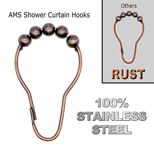 AMS Shower Curtain Hooks Rings - 100% Stainless Steel - Decorative with Polished Metal Frame,Set of 12 Rings (Bronze) - Thumbnail 3