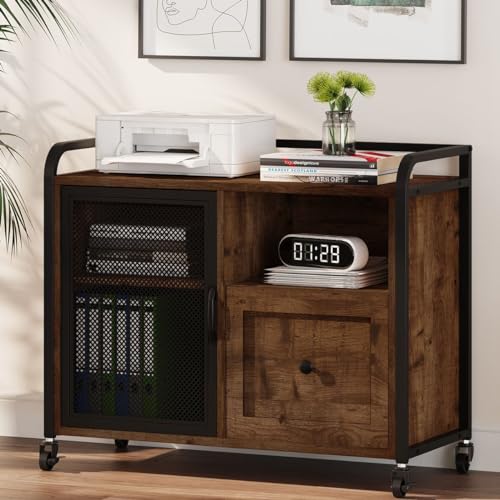 Photo 1 of BON AUGURE Filing Cabinet for Home Office, Rolling Lateral File Cabinet with Storage, Wood Metal Printer Stand with Drawer Under Desk (Rustic Oak)