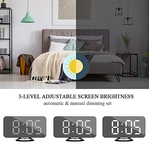 GLOUE Alarm Clock with USB Charger, Digital Alarm Clocks for Bedrooms Large Mirror Surface, Easy