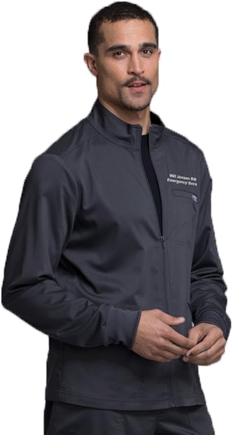 Embroidered cherokee mens zip up solid scrub jacket amazonca