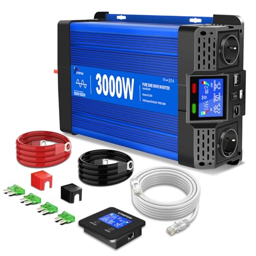 ETREPOW 3000 W / 6000 W 24 V to 230 V Pure Sine Wave Inverter with Remote Control, 2 EU Sockets, 2 USB + Tycp-C Connections, Suitable for Household Appliances, Motorhomes, Camping Voltage Converter