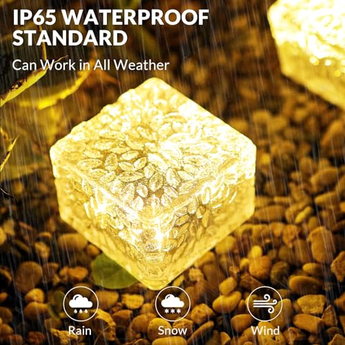 Solar Brick Lights - 6 PCS LED Warm White Outdoor Waterproof Solar Landscape Path Lights, 600mAh, Ice Cube Style for Garden, Patio, Lawn, Yard, Walkway Decor