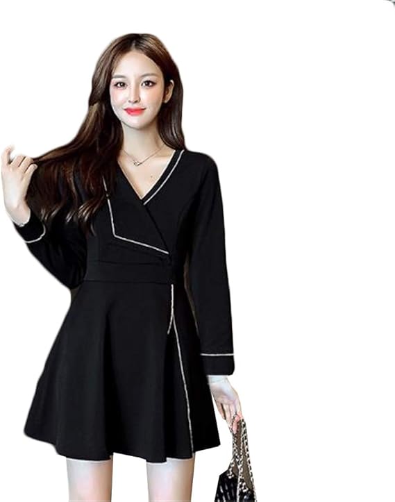 Amazon モリミ レディース ショートワンピース ドレス 無地 ビジネスワンピース Vネック Aライン 春秋冬 フレア きれいめ エレガント 可愛い 着やせ カジュアル 韓国ファッション 通勤 フォーマル お出かけ ワンピース チュニック 通販