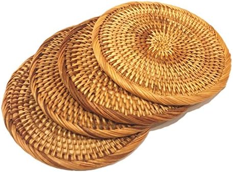 Set of 4 Handmade Rattan Drink Cups Coasters, Handwoven Round Cup Mat, Rustic Boho Decor Coaster Set for Kitchen, Café, Dinning Room, Brown, Brown, 5 Inch