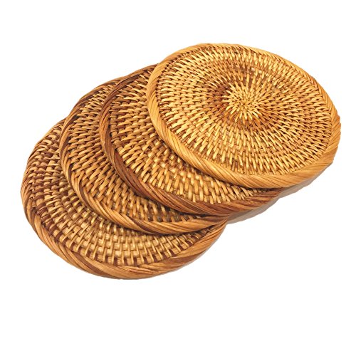 Set of 4 Handmade Rattan Drink Cups Coasters, Handwoven Round Cup Mat, Rustic Boho Decor Coaster Set for Kitchen, Café, Dinning Room, Brown, Brown, 5 Inch