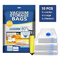 Vacuum Storage Bags, Rexun 10 Pack 80% More Space Saver Bags with Hand Pump, Travel Compression Bags (4M, 4L, 2 Jumbo) for Clothes, Blankets, Comforters, Pillows