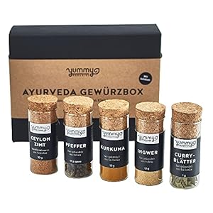 Gewürzbox „Ayurveda“ mit fair gehandelten Gewürzen | handmade & plastikfrei | Gewürze Geschenkset für Yogafans | Premium Manufakturprodukt | ayurvedisches Gewürzset