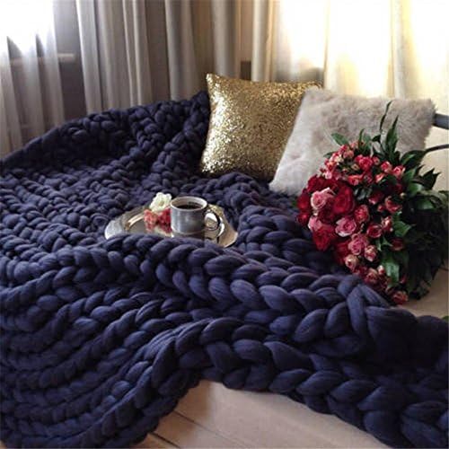 Kqpoinw Chunky Knitted Blanket Merino Wool Blend Arm Knit Throw Super Large Hand Knitting Yarn Pet Bed Chair Sofa Yoga Mat Rug (Navy Blue, 32 * 40inches(80 * 100cm))