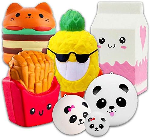 APzek Squishies Slow Rising Jumbo Scented Cute Squishy Toys 7 Pack - Strawberry Pineapple Popcorn Fries + 3 Watermelons, Stress Reliver Squeeze Toys Decorations Props for Kids Adults