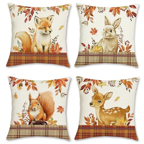 Bonhause Fall Animals Throw Pillow Covers 18 x 18 Inch Fox Deer Squirrel Rabbit Forest Farmhouse Decorative Pillow Cases for Couch Sofa Bed Home Decor Set of 4 at Amazon