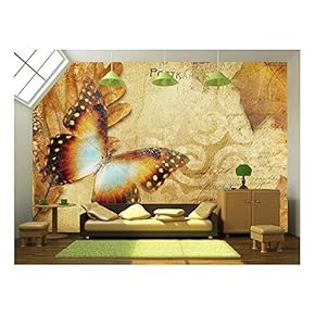 Vintage Autumn Card with Leaves and Butterfly - Removable Wall Mural | Self-Adhesive Large Wallpaper - 66x96 inches