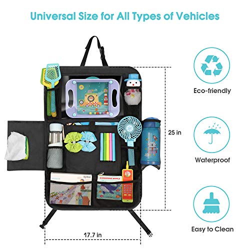 Car Back Seat Organizer - Universal Car Seat Back Protectors Kick Mats with 12 Storage Pockets Touchable Tablet Holder for Kids Baby vehicle organizer, 2 Pack Car Seat Organizers+ 2 Car Headrest Hook