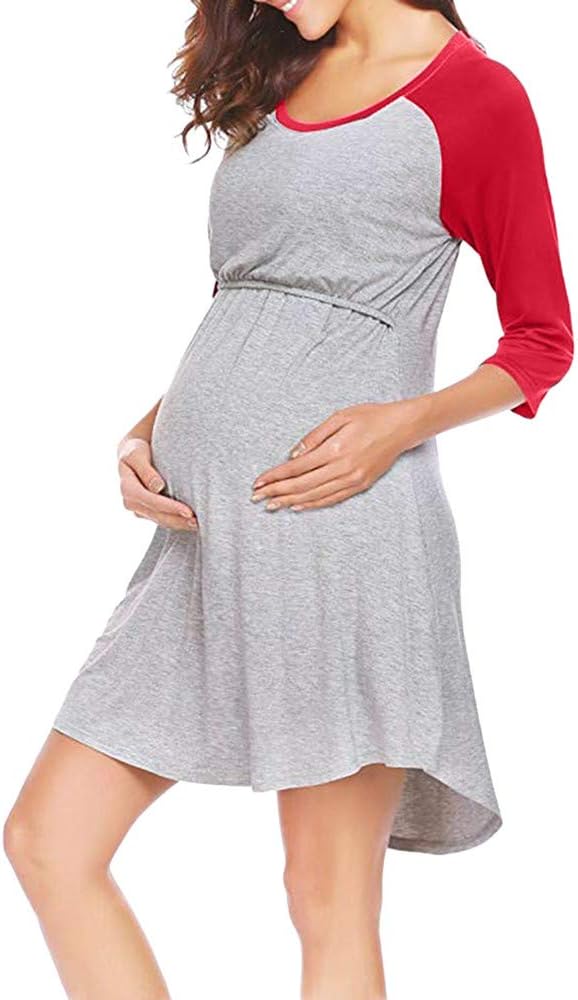 Maternity Pajamas Cotton Clothes Breastfeeding Nightgown Elegant Splicing Dress Pregnancy Woman Maternity Dresses Maternity Costume Clothing Winter Pregnant Dress