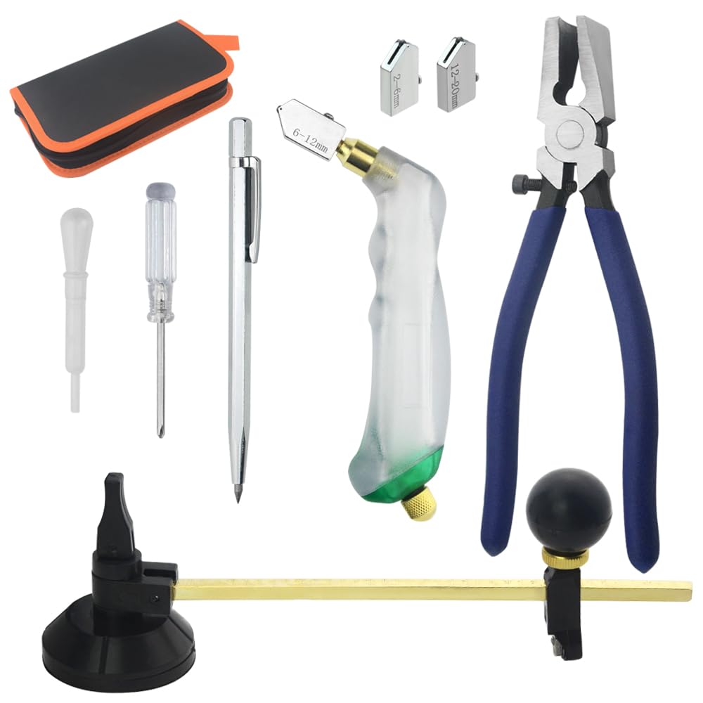 TOVOT 8PCS Glass Cutting Tools Set 2-20MM(3 types) Glass Cutting Tool Oil Feed Glass Cutters 9 Inch Glass Circular Cutter Glass Pliers Glass Scribe Tool Kit for Glass Ceramic Mirror