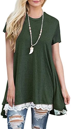 BELAMOR Lace Short Sleeve Flowy Summer Tunic Tops for Women Army Green,M