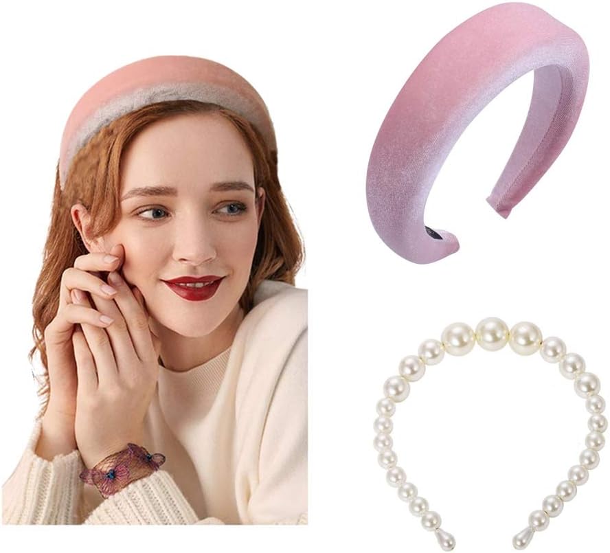 Womens Padded Headbands Fashion 2PCS Thick Velvet Pearl Vintage hair accessories Alice Band headband