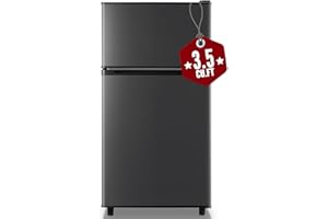 WANAI Mini Fridge with Freezer, 3.5 cubic feet 2- Doors Small Refrigerator Features 7 Gear Mechanical Control, Side Bottle Rack, LED Light, 2 Glass Removable Shelves, Crisper Drawer, Dark Grey