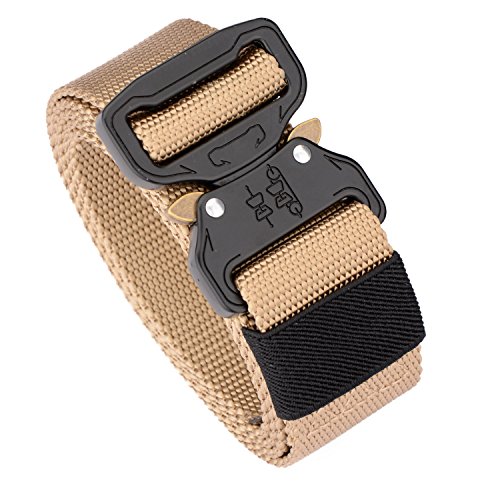 Men's Tactical Belt Heavy Duty Webbing Belt Adjustable Military Style Nylon Belts with Metal Buckle (Khaki1, Large)