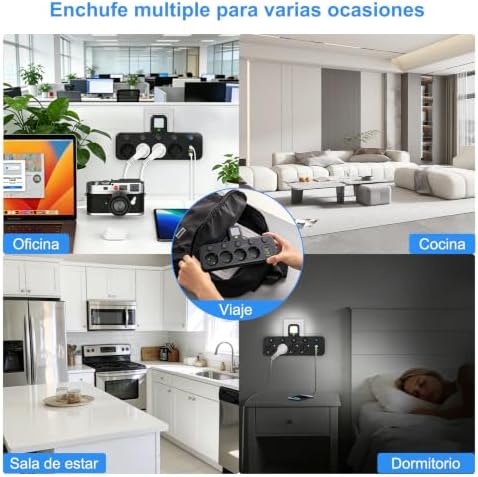 Soquetes Thief 8 em 1 com interruptor independente, luz noturna, ficha Thief flat USB C, múltiplas tomadas 2500W com 4 tomadas AC, fita de parede para escritório, cozinha, preta — foto 6 de 6