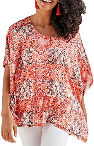 Ladies Coral Patterned Loose Tunic Top with Batwing Sleeves in UK Plus Sizes 14-34 EU 42-64