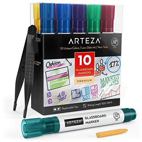 ARTEZA Glass Board Dry Erase Markers Pack of 10 Bright Unique Colors with LowOdor Ink, Erasable