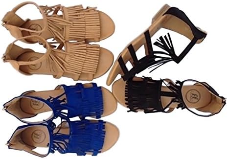 Gladiator Sandals for Women Flat Suede Style Leather Fringe by KK Fashions (6.5 to 7, Blue)