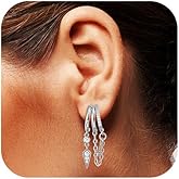 Emibele Huggie Dangle Earrings for Women, Non Tarnish Triple Hoop Drop Earrings with Cubic Zirconia, Trendy Hypoallergenic Long Chain Huggie Earrings Fashion Jewelry Gifts
